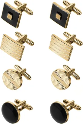 4 Pairs Cufflinks for Men Classic Tone Cuff Links Fashion Men Cufflinks Gold Striped Disc Square Rectangle Cuff Links for Business Wedding Party Gift Box