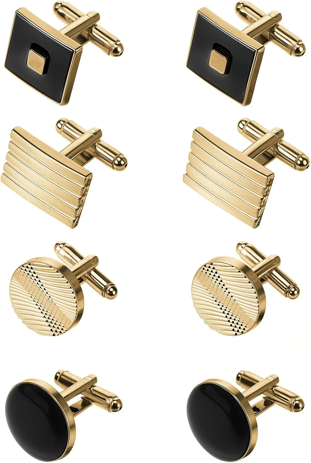 4 Pairs Cufflinks for Men Classic Tone Cuff Links Fashion Men Cufflinks Gold Striped Disc Square Rectangle Cuff Links for Business Wedding Party Gift Box