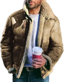 Akivide Men's Fleece Sherpa Lined Jackets Winter Warm Suede Casual Lapel Full Zip Bomber Coat Outerwear with Pockets