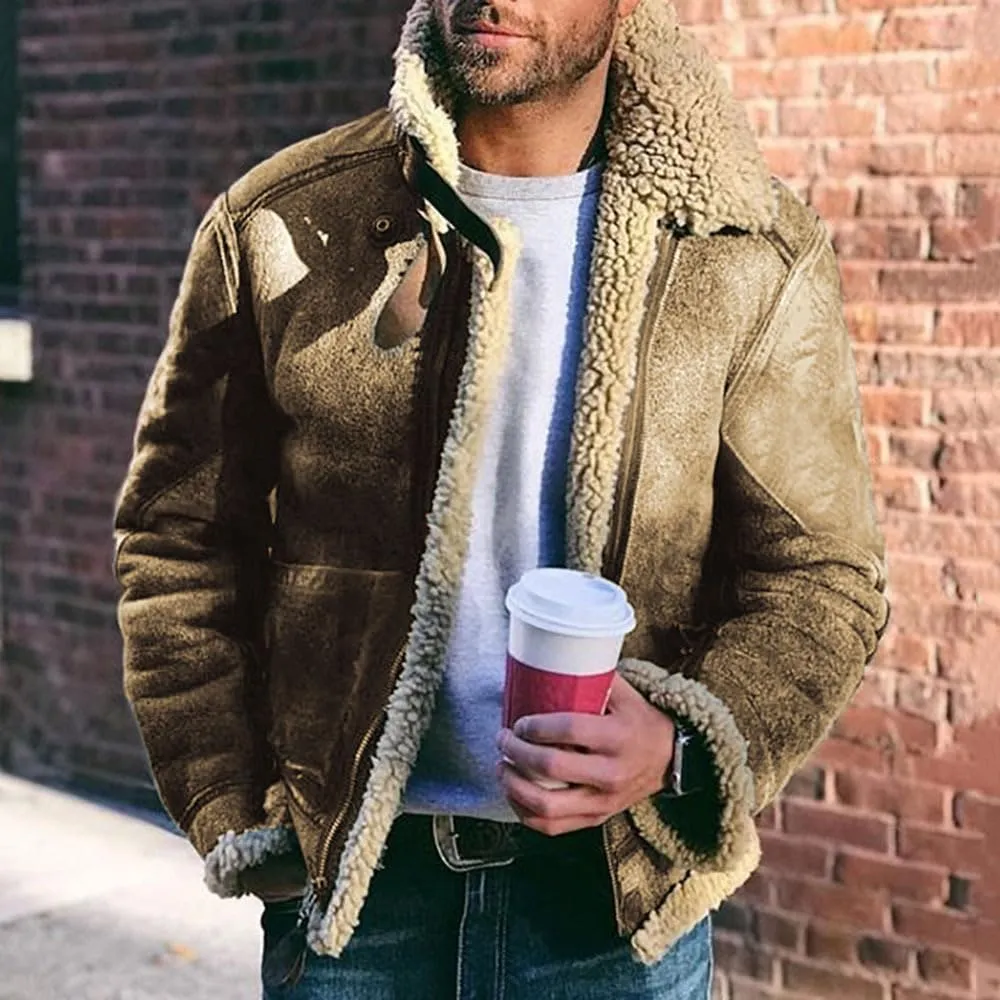 Akivide Men's Fleece Sherpa Lined Jackets Winter Warm Suede Casual Lapel Full Zip Bomber Coat Outerwear with Pockets