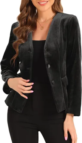 Allegra K Work Blazers for Women V Neck Long Sleeves Shoulder Pads Business Casual Velvet Jackets