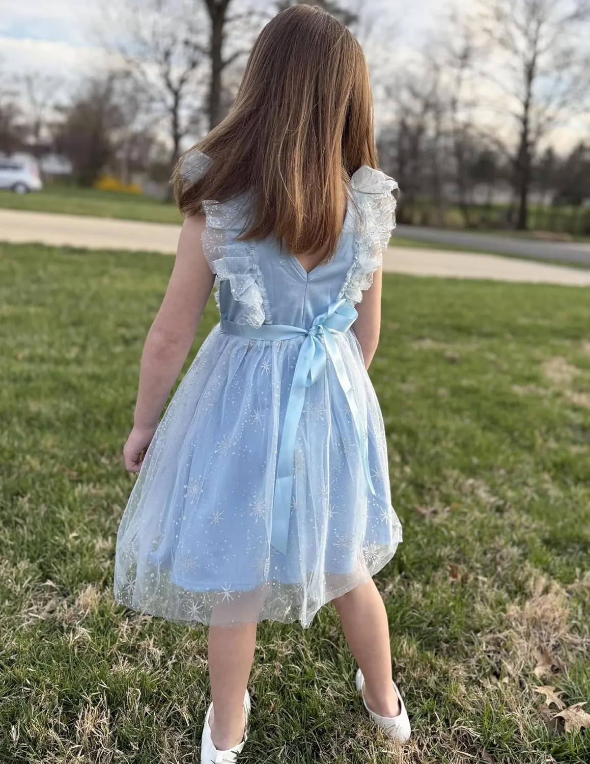 Arshiner Toddler Dress Summer Ruffle Sleeve V-Back Tie Waist Flower Girl Dresses Wedding Tulle Outfit 2-8Y