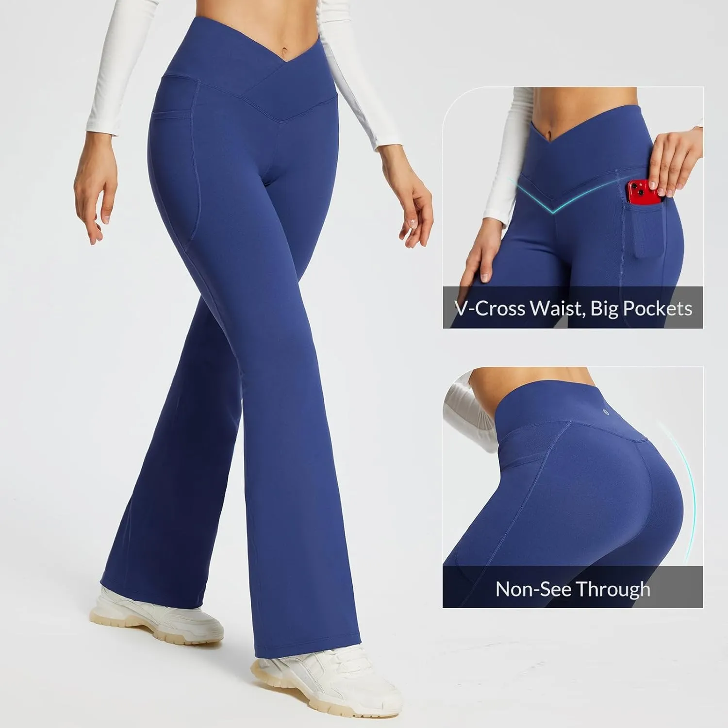baleaf Women's Yoga Pants V Crossover Flare Leggings with Pockets High Waist Casual Workout Gym Bell Bottom Leggings