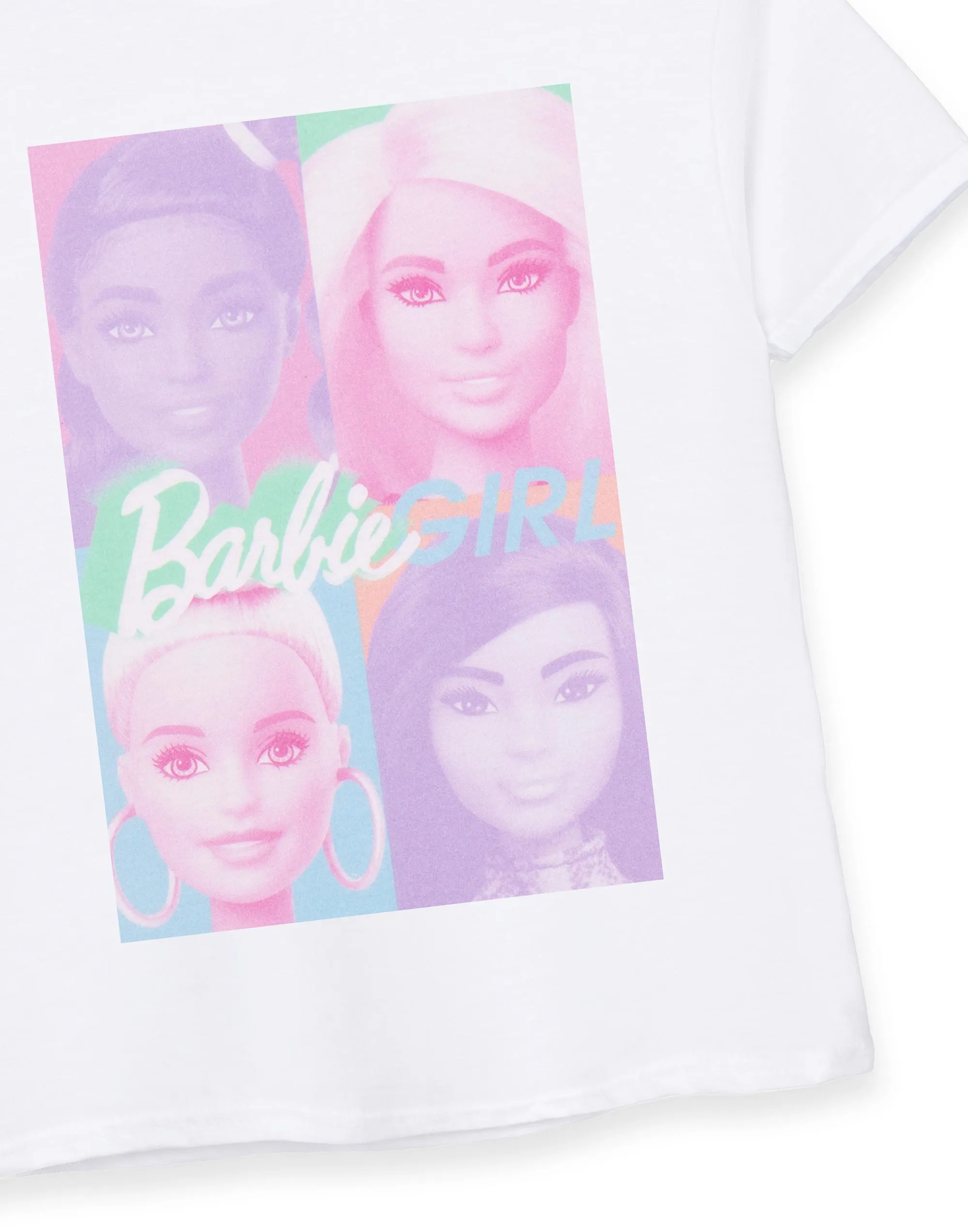 Barbie Colour Block Portrait Little Girls White Short Sleeved T-Shirt