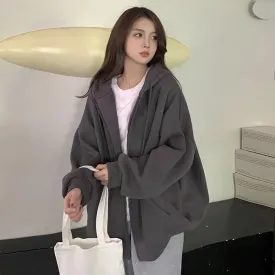 Black American Vintage Drawstring Hooded Female Hoodies Autumn Loose Simple Casual  Zipper Pure Color Women Hoodies White
