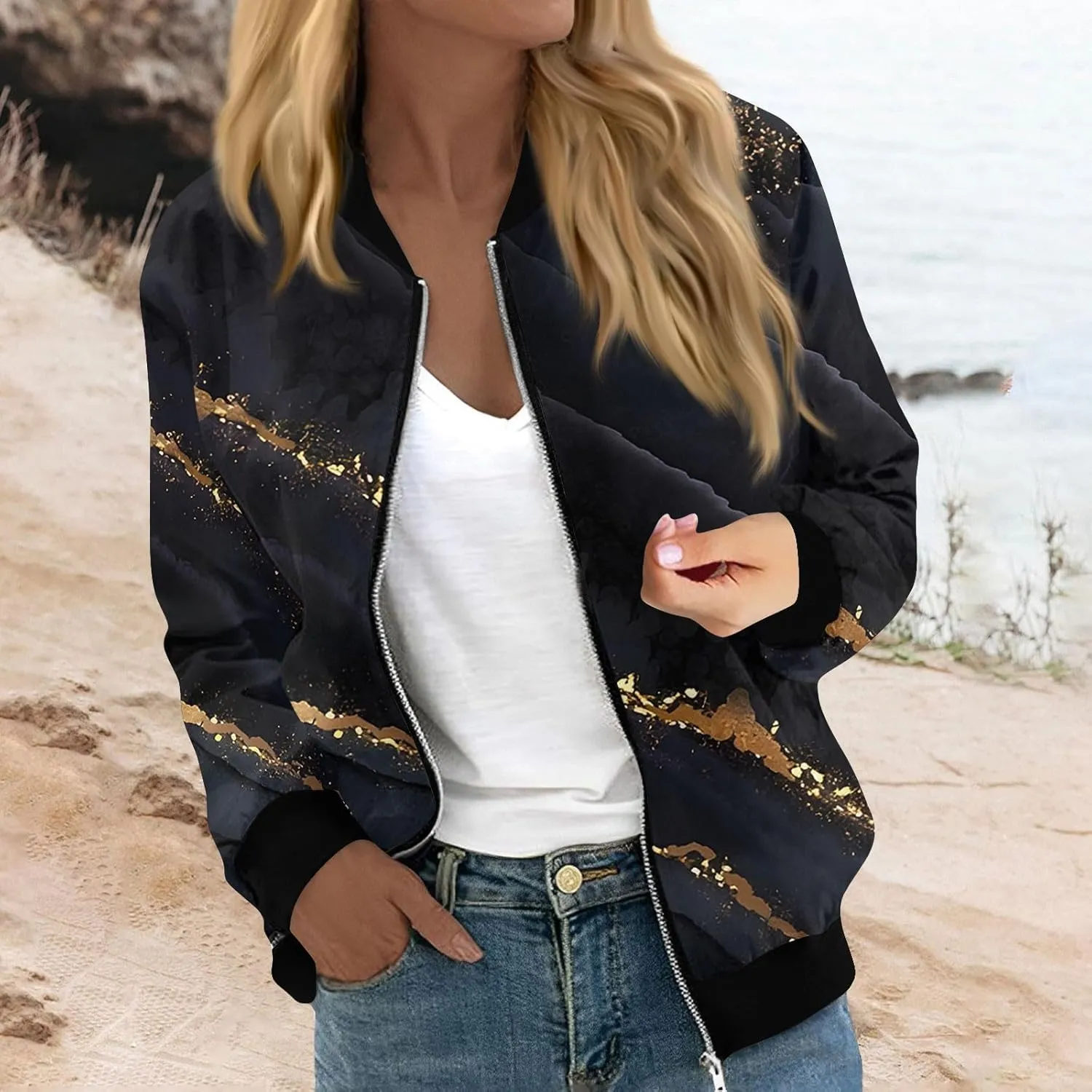 Bomber Jacket Women 2024 Causal Print Zip Up Coats Long Sleeve Stand Collar Fall Lightweight Outerwear With Pockets