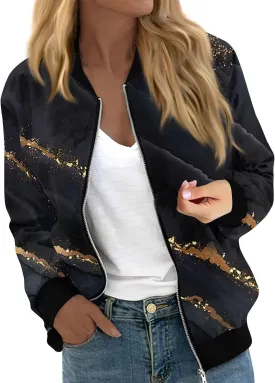 Bomber Jacket Women 2024 Causal Print Zip Up Coats Long Sleeve Stand Collar Fall Lightweight Outerwear With Pockets