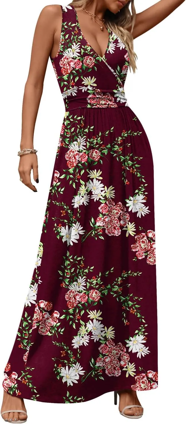 CATHY Women's Casual Sleeveless Deep V Neck Beach Waist Maxi Dresses with Pockets