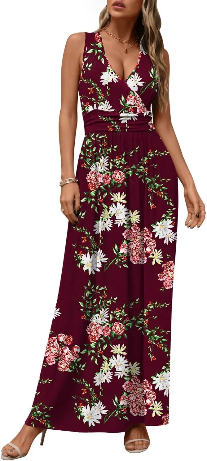CATHY Women's Casual Sleeveless Deep V Neck Beach Waist Maxi Dresses with Pockets