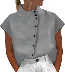 Ceboyel Women Linen Summer Shirt Dressy Causal Boho Blouses Short Sleeve Turtle Neck Tops Trendy Ladies Going Out Clothes