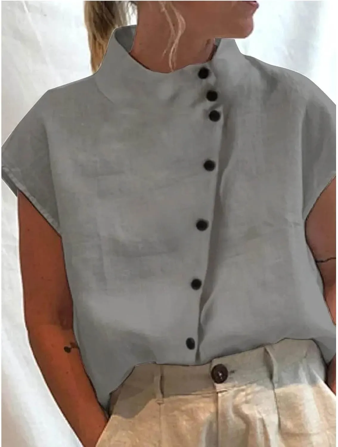 Ceboyel Women Linen Summer Shirt Dressy Causal Boho Blouses Short Sleeve Turtle Neck Tops Trendy Ladies Going Out Clothes