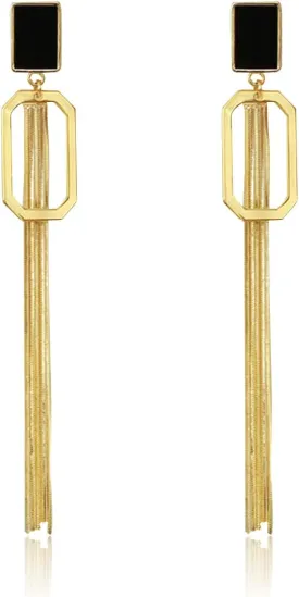 Chic Gold Long Tassel Dangle Drop Earrings Unique Fashion Geometric Black Square Metal Chain Earrings Statement Jewelry for Woman Girls