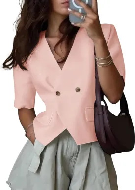 Cicy Bell Womens Cropped Short Sleeve Blazers V Neck Button Down Lightweight Work Casual Suit Jackets