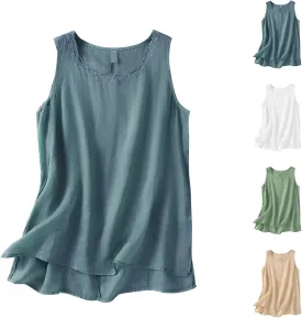 Cotton Linen Tank Tops for Women Loose Fit Sleeveless Button Tee Shirts Summer Casual Flowy Blouses Gauze Tunic Tops