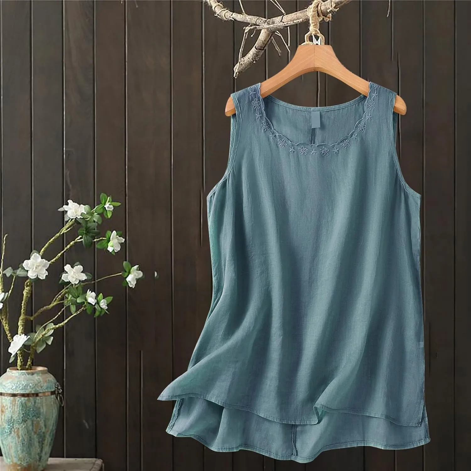 Cotton Linen Tank Tops for Women Loose Fit Sleeveless Button Tee Shirts Summer Casual Flowy Blouses Gauze Tunic Tops