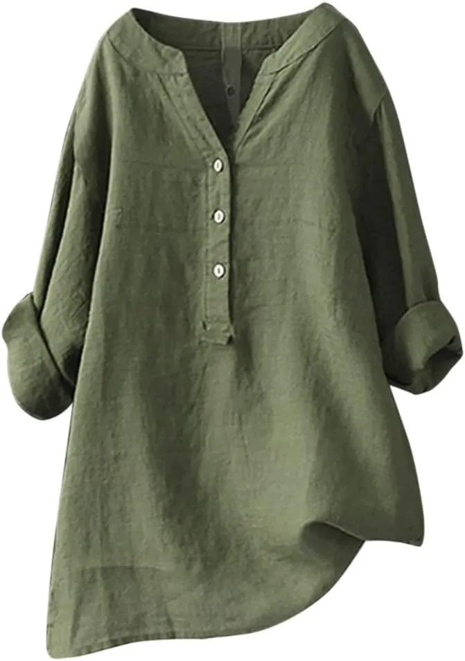 Cotton Tee Shirts for Women, of Today Prime,Cotton Linen Shirts for Women Summer Fashion 2024 Plus Size Tops Rolled 3/4 Length Sleeve Button Down Loose Fit Blouse,Green,X-Large