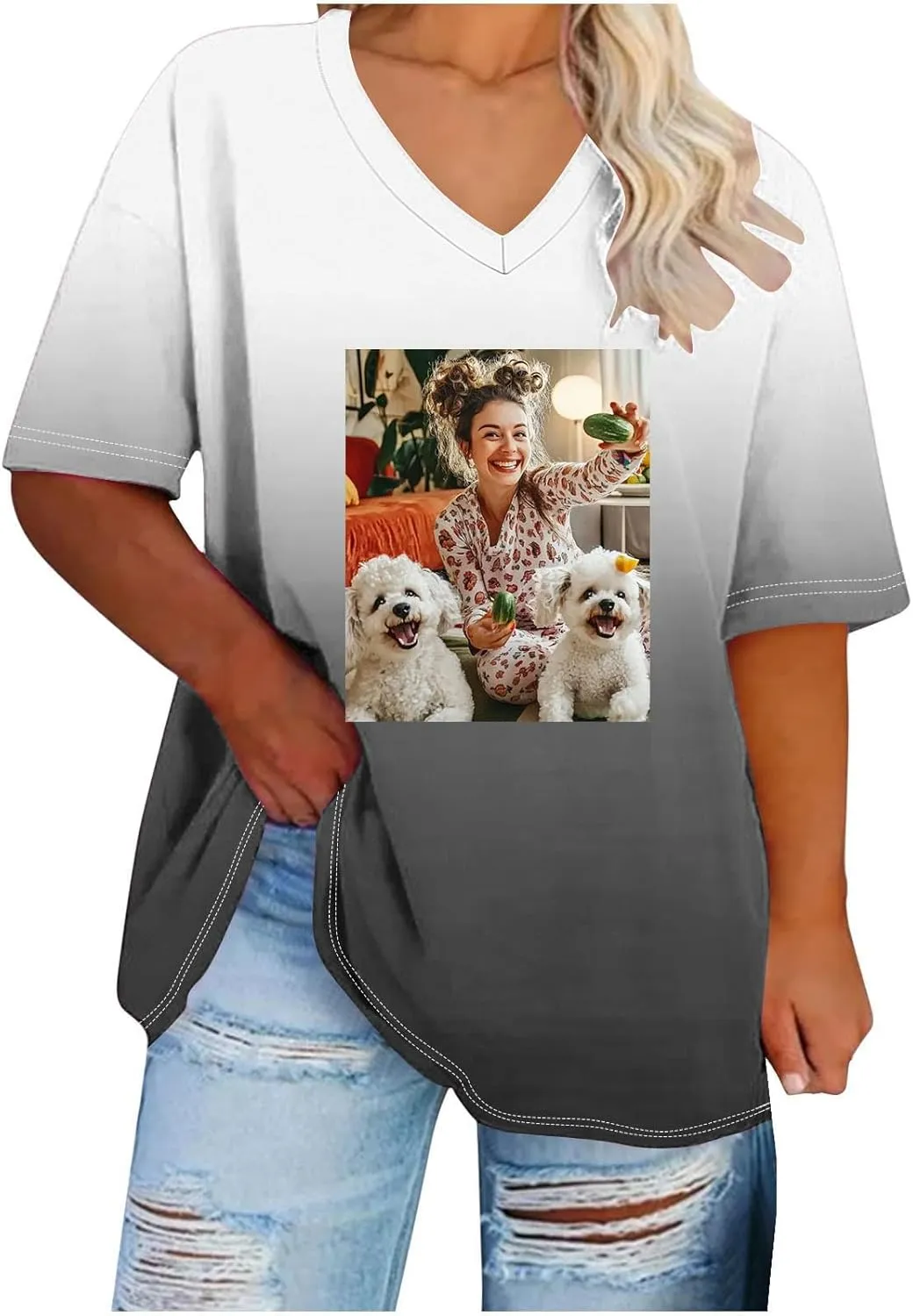 Custom T Shirts for Women, Womens Plus Size Tops Oversized V Neck Short Sleeve Summer Base Shirt Family T-Shirt