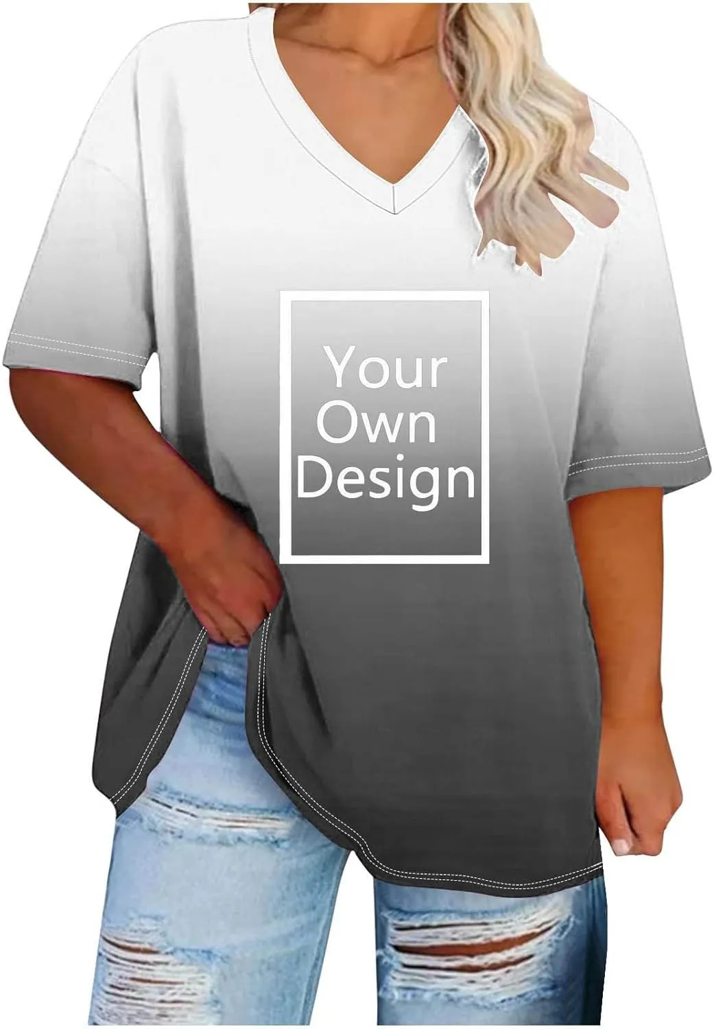 Custom T Shirts for Women, Womens Plus Size Tops Oversized V Neck Short Sleeve Summer Base Shirt Family T-Shirt