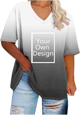 Custom T Shirts for Women, Womens Plus Size Tops Oversized V Neck Short Sleeve Summer Base Shirt Family T-Shirt