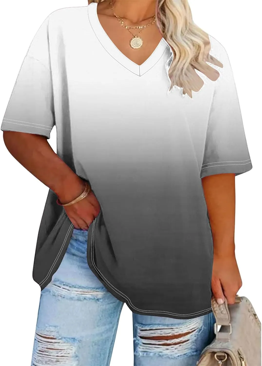 Custom T Shirts for Women, Womens Plus Size Tops Oversized V Neck Short Sleeve Summer Base Shirt Family T-Shirt