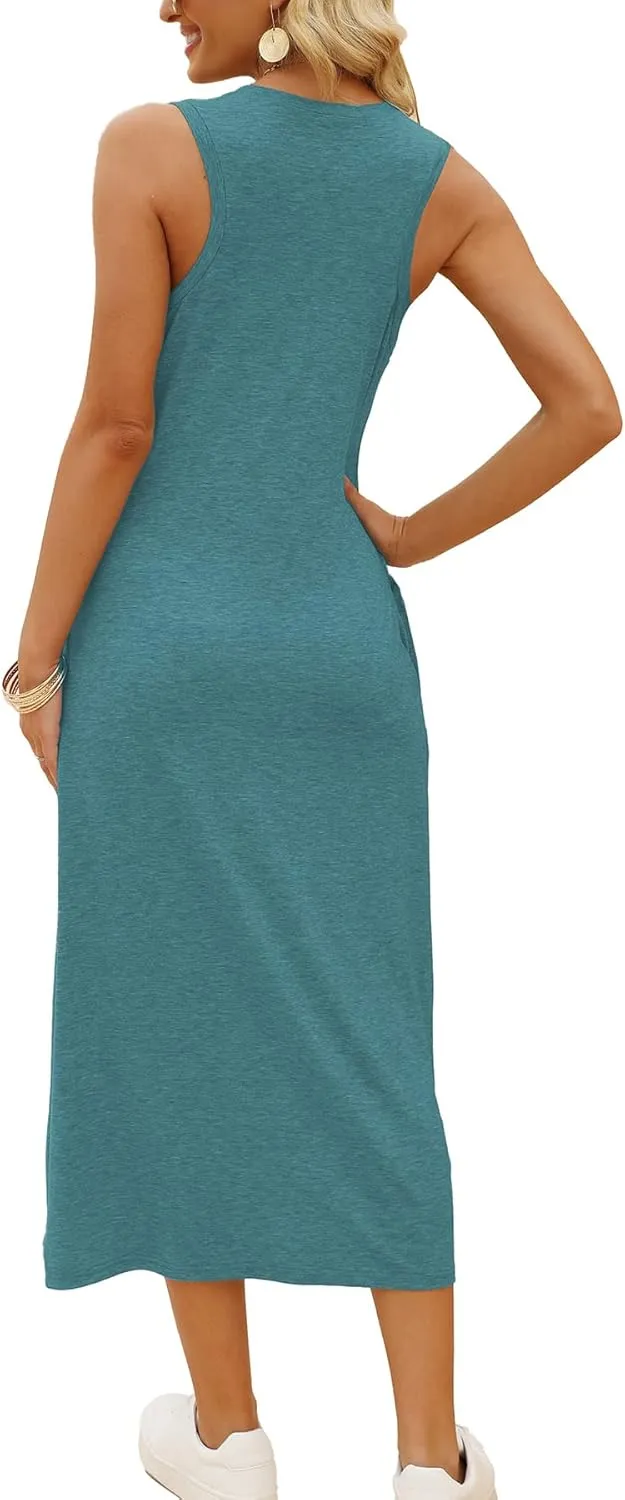 DEEP SELF Women's Casual V Neck Twist Knot Front Sleeveless Long Dress Summer Beach Tank Ankle Length Dresses with Pockets