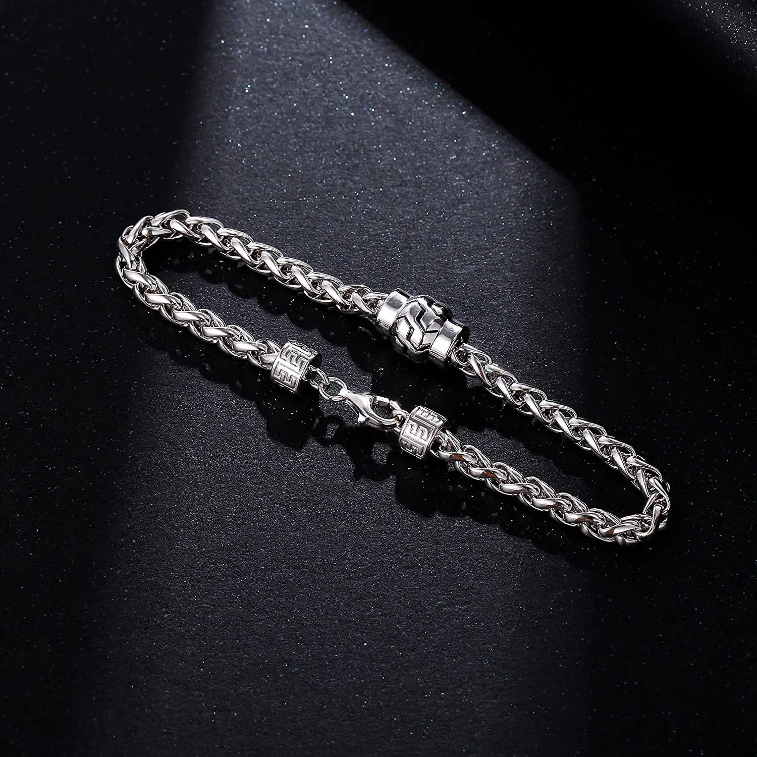 FANCIME Men's Wheat Link Chain Sterling Silver Bracelet