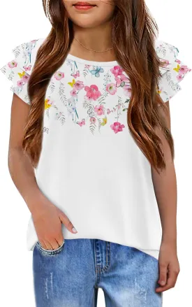Girls T Shirts Ruffle Short Sleeve Round Neck Loose Blouse Summer Solid Color Casual Girl Tee Tops for 3-12 Years