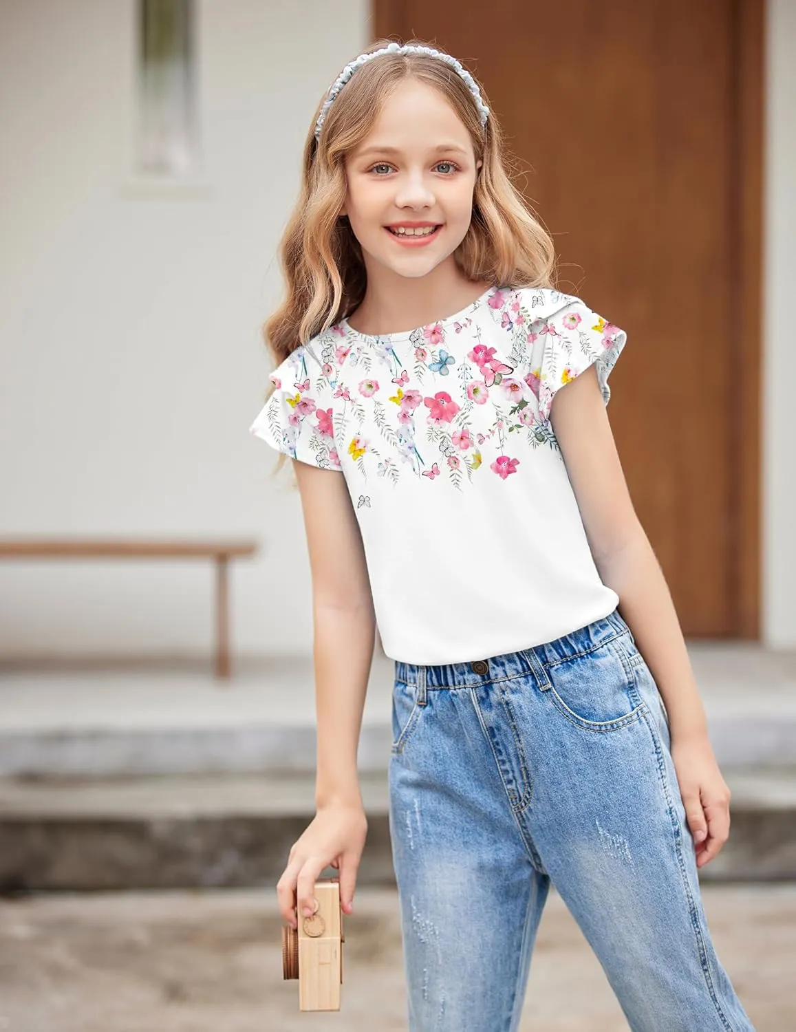 Girls T Shirts Ruffle Short Sleeve Round Neck Loose Blouse Summer Solid Color Casual Girl Tee Tops for 3-12 Years