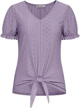GRACE KARIN Women's 2025 Summer Tops Short Sleeve V Neck Basic T Shirts Dressy Casual Tie Front Tops Eyelet Blouses Tunic