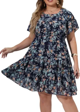 HBEYYTO Women's Plus Size Floral Print Boho Beach Dress Casual Ruffle Sleeve Elastic Waist Swing Chiffon Sundress