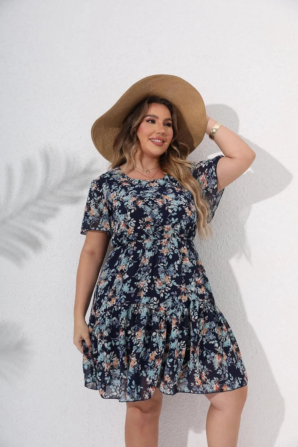 HBEYYTO Women's Plus Size Floral Print Boho Beach Dress Casual Ruffle Sleeve Elastic Waist Swing Chiffon Sundress