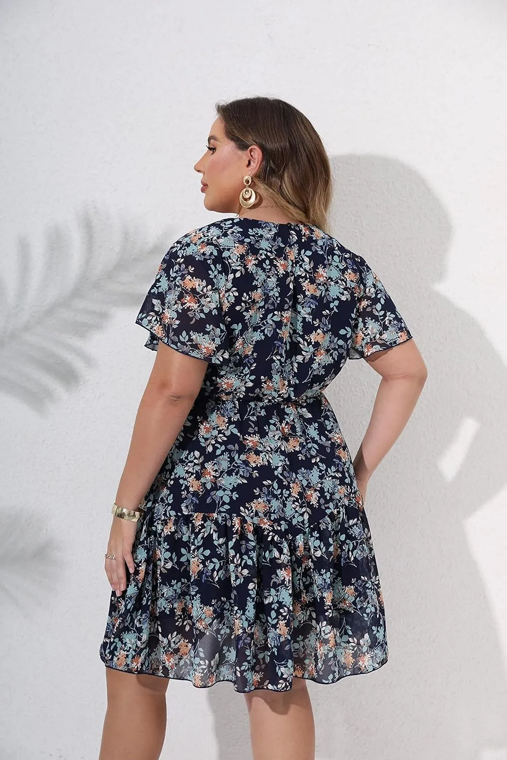 HBEYYTO Women's Plus Size Floral Print Boho Beach Dress Casual Ruffle Sleeve Elastic Waist Swing Chiffon Sundress