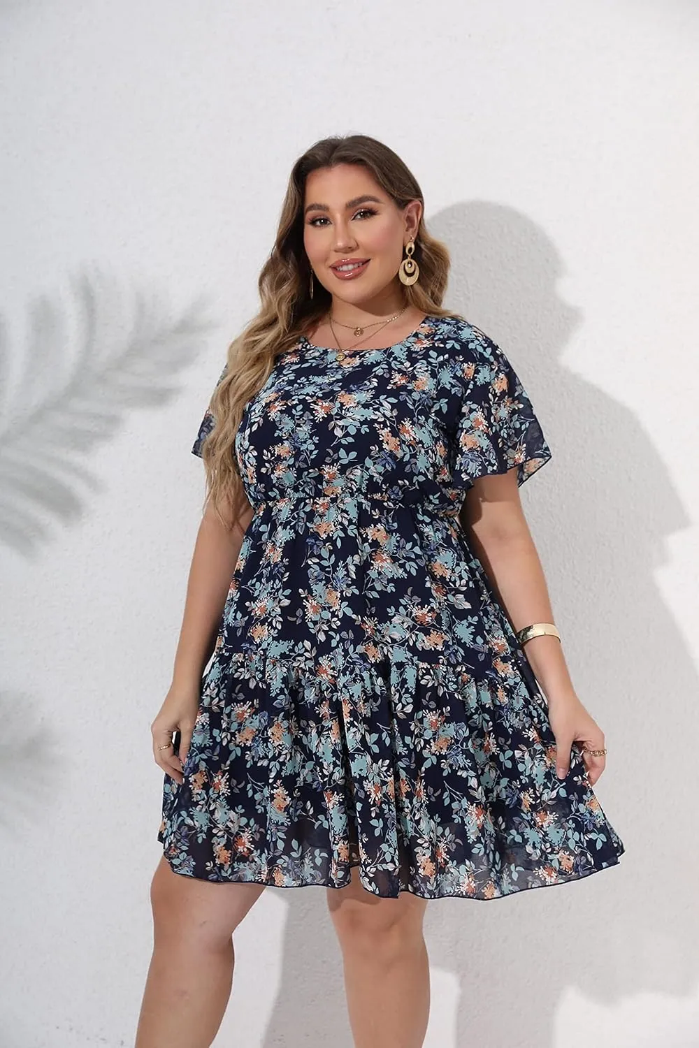 HBEYYTO Women's Plus Size Floral Print Boho Beach Dress Casual Ruffle Sleeve Elastic Waist Swing Chiffon Sundress