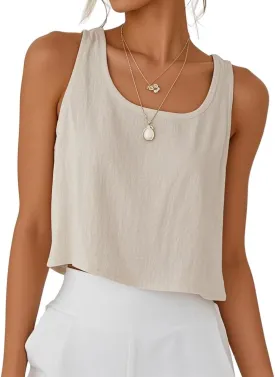 IDEALSANXUN Womens Linen Crop Tank Tops Spring Summer Sleeveless Tops