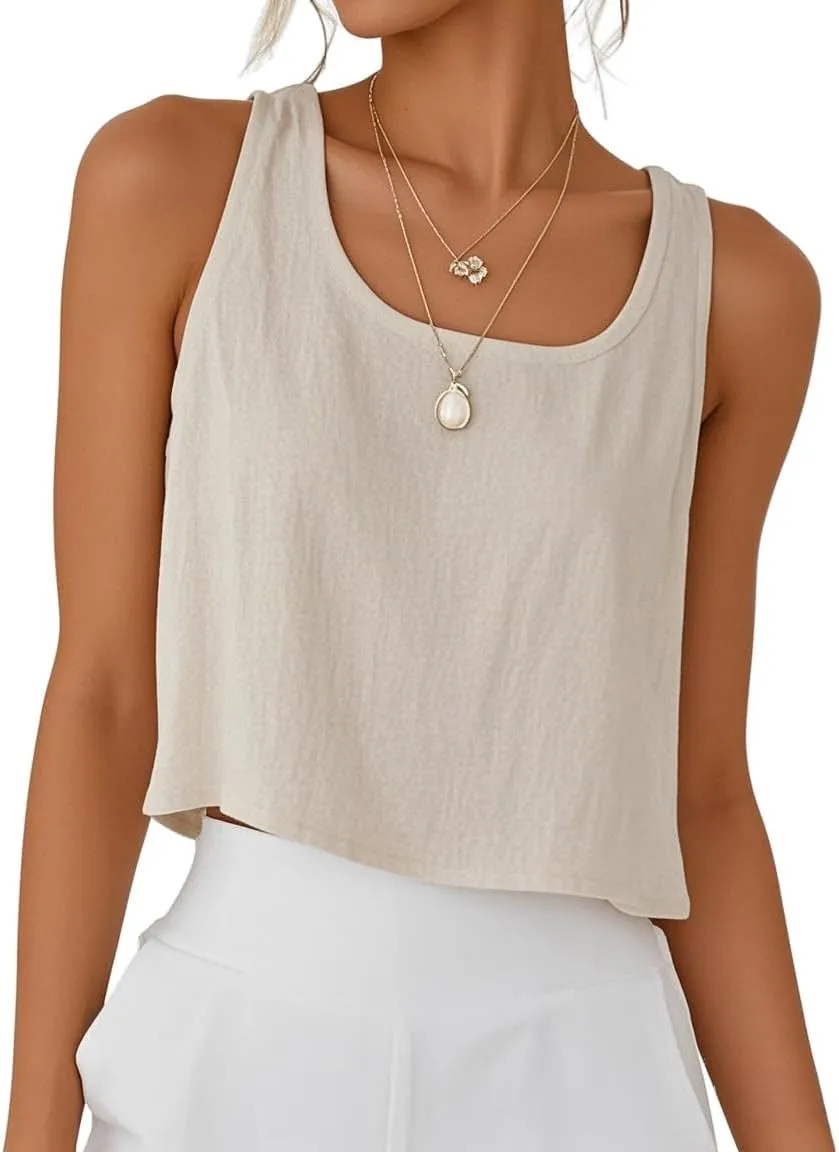 IDEALSANXUN Womens Linen Crop Tank Tops Spring Summer Sleeveless Tops