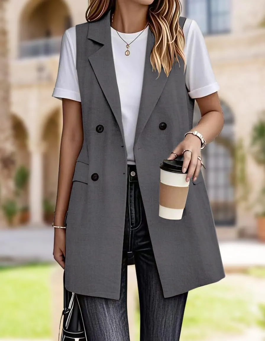 IDEALSANXUN Womens Long Linen Vest Dressy Sleeveless Blazer Jackets Outerwear Tops