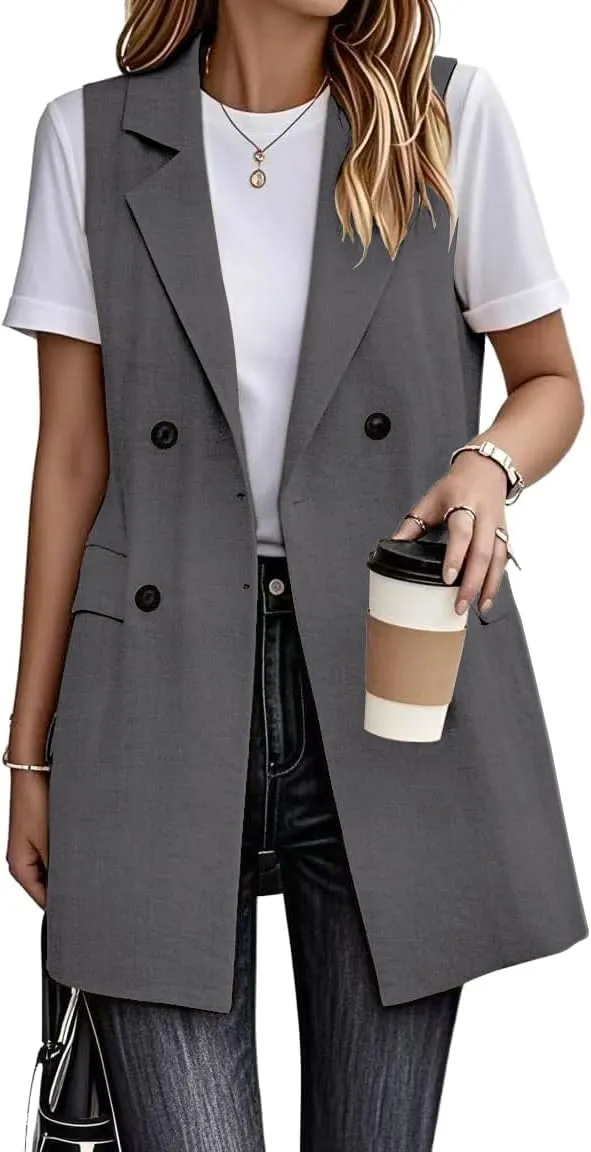 IDEALSANXUN Womens Long Linen Vest Dressy Sleeveless Blazer Jackets Outerwear Tops