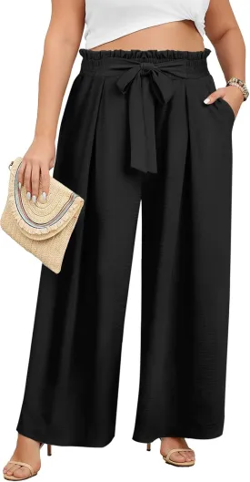 Lastshe Women's Plus Size Pants Wide Leg Work Casual Palazzo Pants Elastic High Waisted Dressy Trousers with Pockets