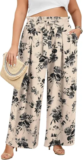 Lastshe Women's Plus Size Pants Wide Leg Work Casual Palazzo Pants Elastic High Waisted Dressy Trousers with Pockets