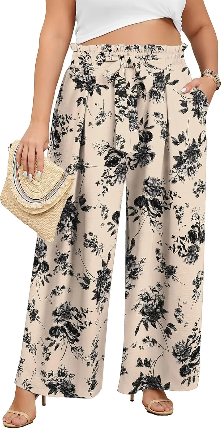 Lastshe Women's Plus Size Pants Wide Leg Work Casual Palazzo Pants Elastic High Waisted Dressy Trousers with Pockets