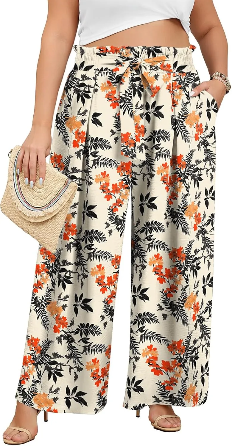 Lastshe Women's Plus Size Pants Wide Leg Work Casual Palazzo Pants Elastic High Waisted Dressy Trousers with Pockets