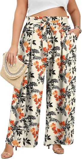 Lastshe Women's Plus Size Pants Wide Leg Work Casual Palazzo Pants Elastic High Waisted Dressy Trousers with Pockets
