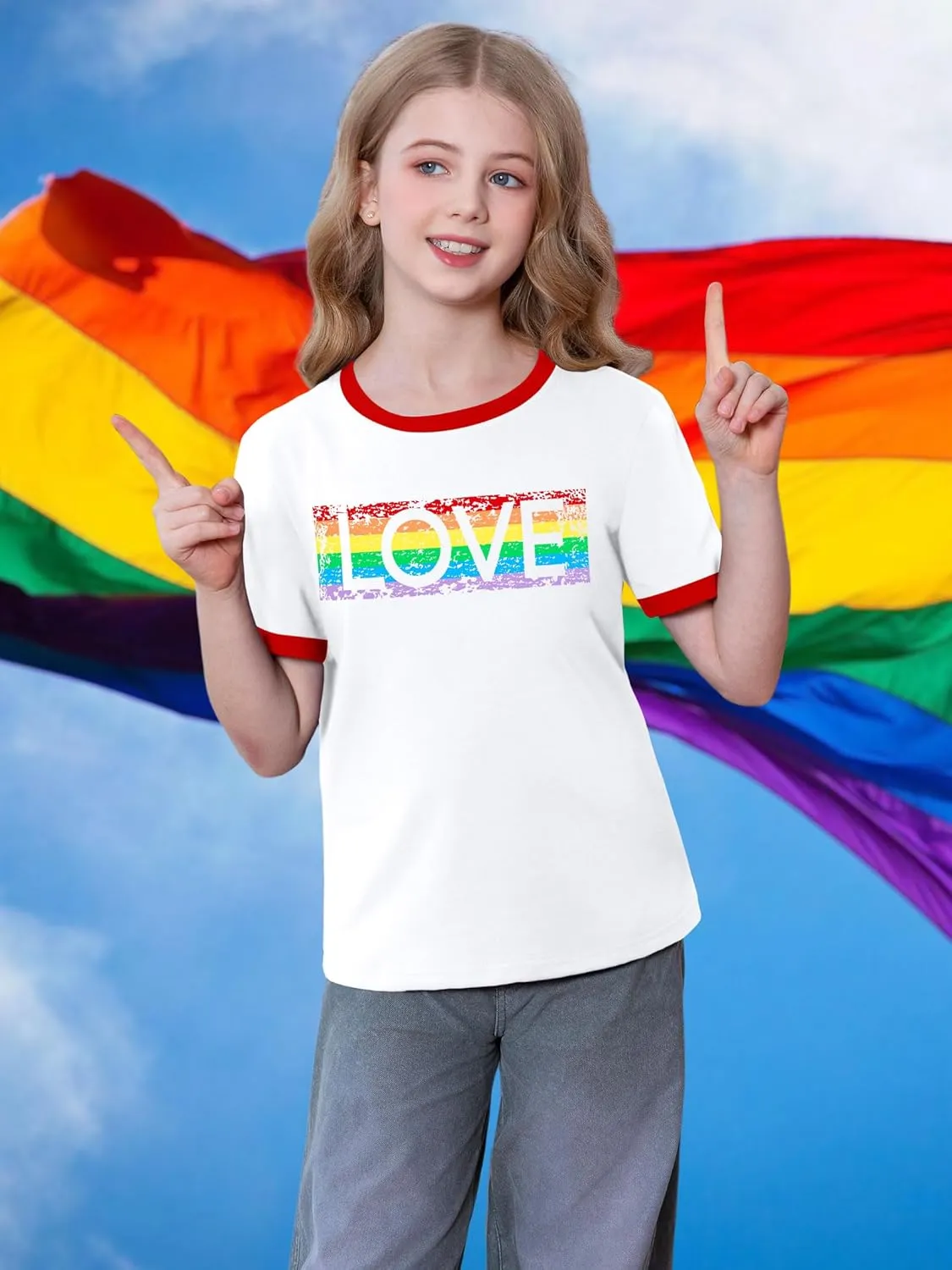 LAZYCHILD Girls Pride Shirts for Kids Rainbow Heart Graphic Tees LGBT Equality Tshirt Love Outfits 5-14y Tops