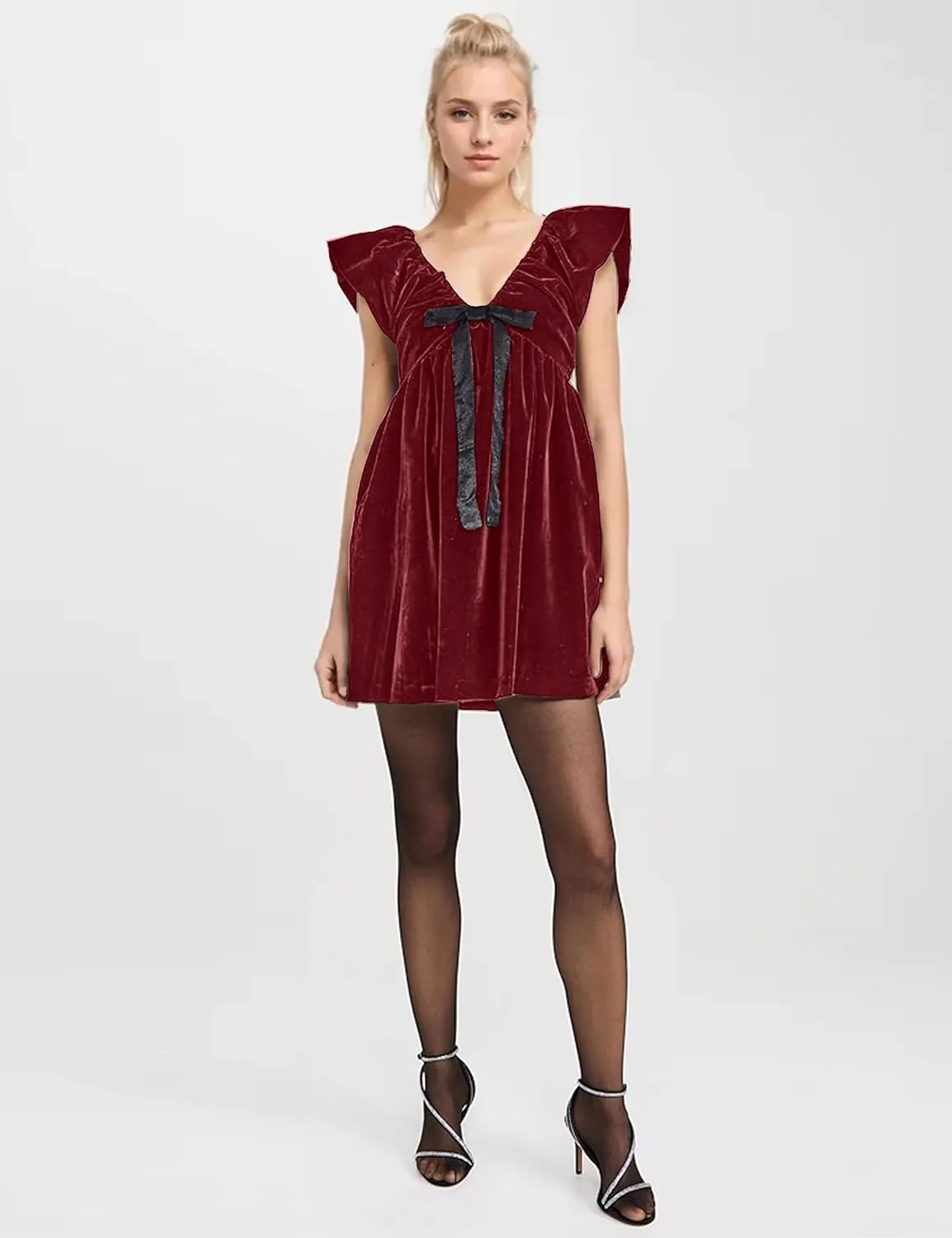 Livtany Women's Velvet Satin Bow Babydoll Dress V Neck Puff Sleeves Mini Dress Solid A Line Pleated Short Dress Party Club