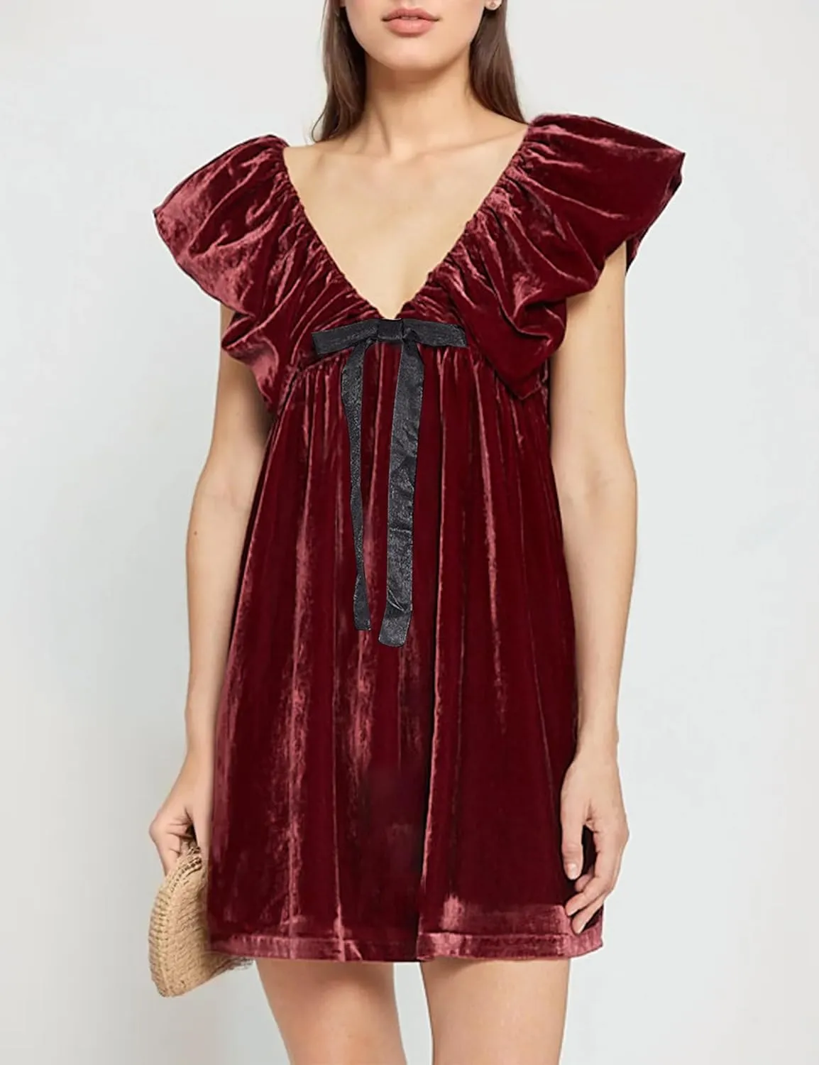 Livtany Women's Velvet Satin Bow Babydoll Dress V Neck Puff Sleeves Mini Dress Solid A Line Pleated Short Dress Party Club
