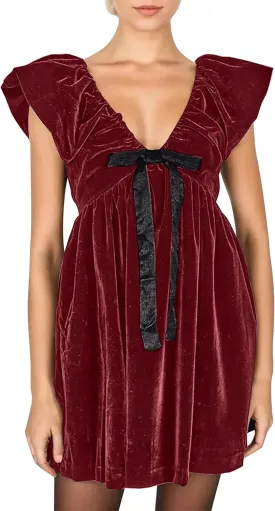 Livtany Women's Velvet Satin Bow Babydoll Dress V Neck Puff Sleeves Mini Dress Solid A Line Pleated Short Dress Party Club