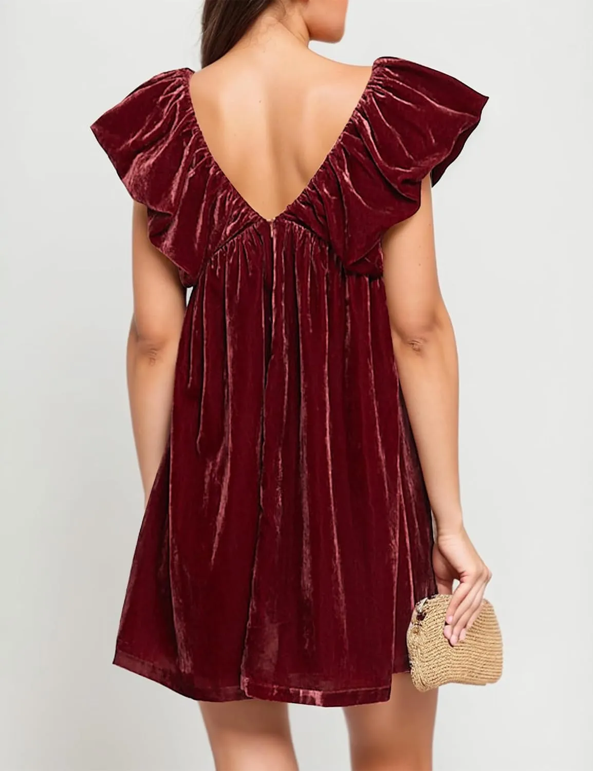 Livtany Women's Velvet Satin Bow Babydoll Dress V Neck Puff Sleeves Mini Dress Solid A Line Pleated Short Dress Party Club