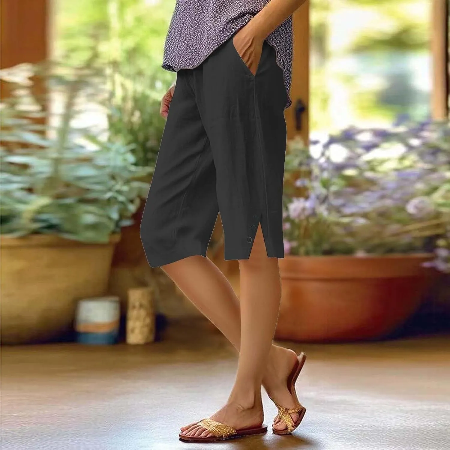 Long Shorts for Women Lightweight Linen Capri Pants Casual Loose Elastic Waist Bermuda Shorts Summer Capris Pants
