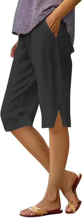 Long Shorts for Women Lightweight Linen Capri Pants Casual Loose Elastic Waist Bermuda Shorts Summer Capris Pants