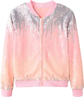 Lovekider Girls Sequin Jacket Glitter Long Sleeves Gradient Ombre Bomber Coat with Ribbed Cuffs for 4-12 Years Kids
